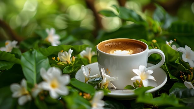 Cup of coffee on a floral backdrop during a sunny day outdoors photo