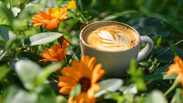Cup of coffee on a floral backdrop during a sunny day outdoors photo