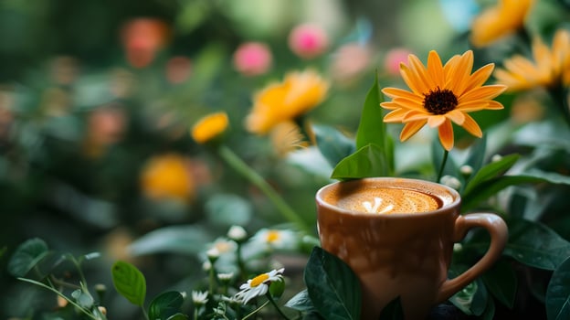Cup of coffee on a floral backdrop during a sunny day outdoors photo