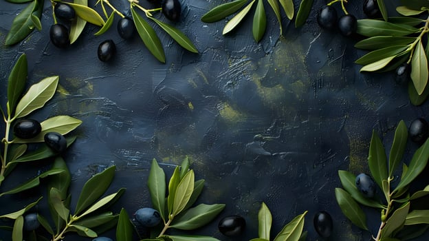 Olives on a dark blue background with green leaves photo