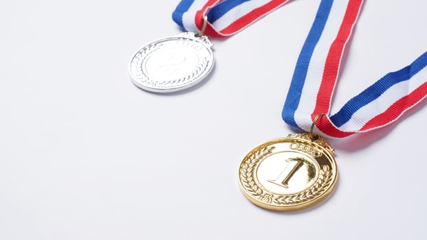 Gold silver and bronze demonstration trophy medals with ribbon photo