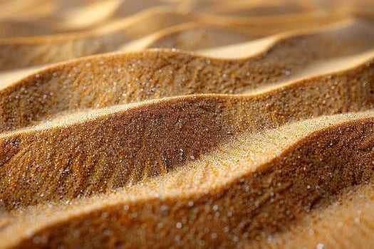 Close-up of golden sand ripples with sparkling grains, creating a wavy texture in sunlight photo