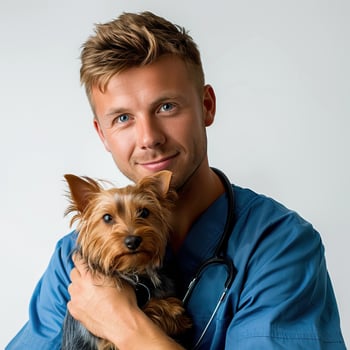 Smiling vet holding a small dog, showing care and professionalism. Veterinary clinic, pet care, and animal health concept. photo
