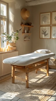 A cozy, sunlit massage room with a wooden table, soft pillows, candles, and nature-themed decor. photo