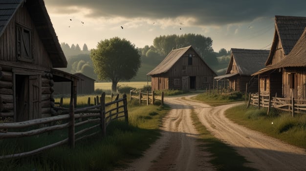 A dirt road winds through a village with old wooden houses and barns photo