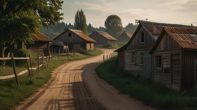 A dirt road winds through a village with old wooden houses and barns photo