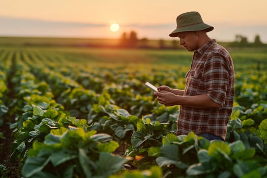 Modern Farmer Using Tablet to Monitor Crops at Sunset photo