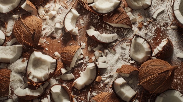 Coconut pieces are scattered across the background photo
