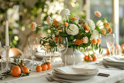 Table setting with white tablecloth and flowers. Catering for birthdays, weddings, celebrations. Generated by artificial intelligence photo