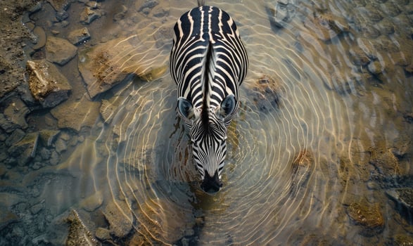 Top view of a zebra drinking from a watering hole photo