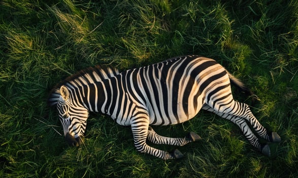 Top view of a zebra lying down in the grass photo