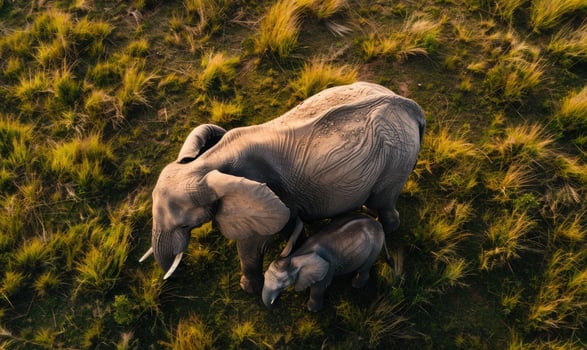 Top view of an elephant herd at sunset photo