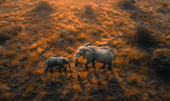 Top view of an elephant herd at sunset photo