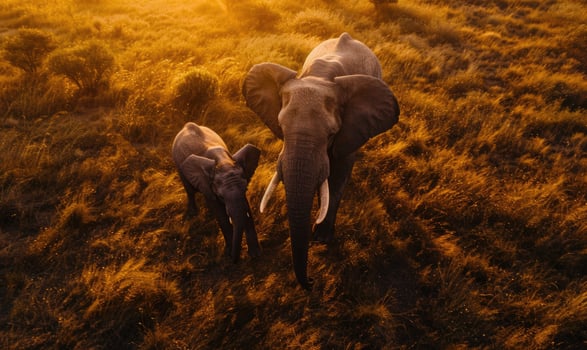 Top view of an elephant herd at sunset photo