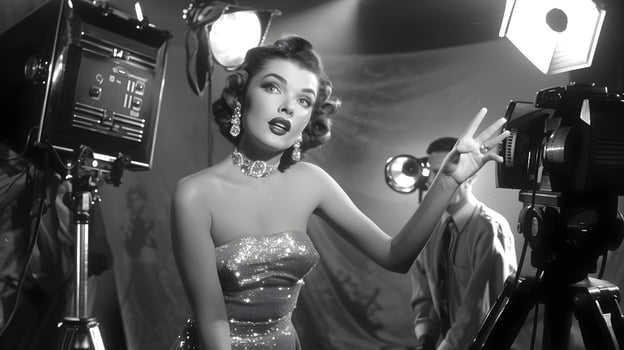 Glamorous young actress in a vintage film set with bright studio lights photo