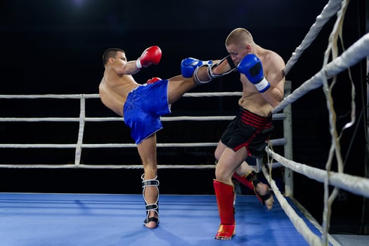 Kickboxing rivals unleash powerful leg strikes in a thrilling match. photo