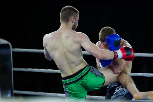 Kickboxing rivals unleash powerful leg strikes in a thrilling match. photo