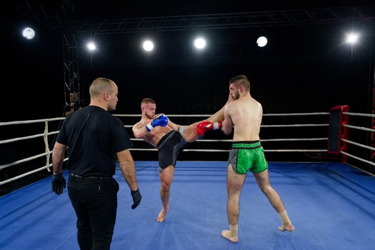 Kickboxing rivals unleash powerful leg strikes in a thrilling match. photo
