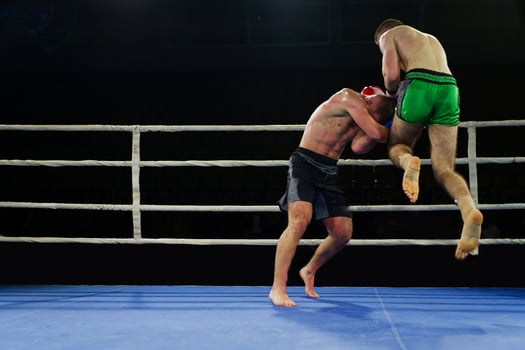 Kickboxing rivals unleash powerful leg strikes in a thrilling match. photo