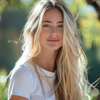 A beautiful blonde woman with long hair in a white tshirt looking at the camera and smiling photo