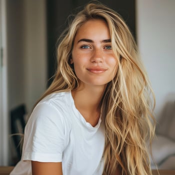 A beautiful blonde woman with long hair in a white tshirt looking at the camera and smiling photo