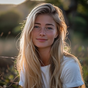 A beautiful blonde woman with long hair in a white tshirt looking at the camera and smiling photo