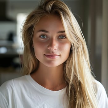 A beautiful blonde woman with long hair in a white tshirt looking at the camera and smiling photo