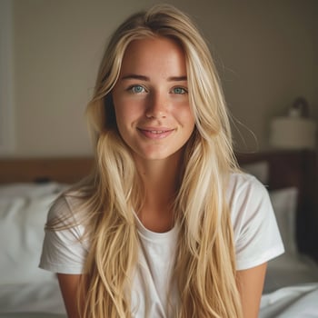A beautiful blonde woman with long hair in a white tshirt looking at the camera and smiling photo