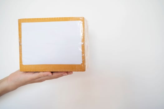 hand holding brown paper box package isolated on white background photo