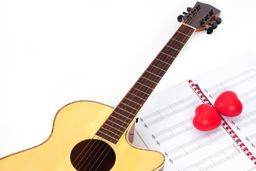Focus the musical notes and red heart, blur acoustic guitar neck on white background. Love, music and learning concept. photo