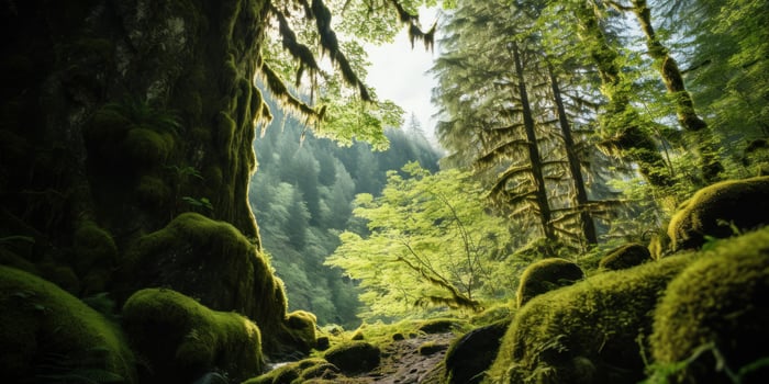 Green Lush Forest Landscape With Sunlight And Moss Floor. photo