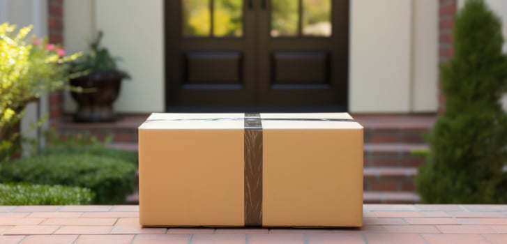Brown Cardboard Box Delivered To Home. Single Package Waiting on Brick Porch. Parcel Delivery To Front Door. photo