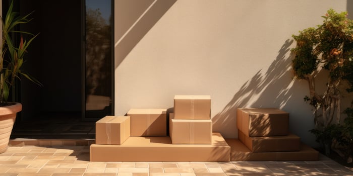 House Porch With Cardboard Packages, Home Delivery Service. Free Shipping. Parcel On Home Entrance. photo