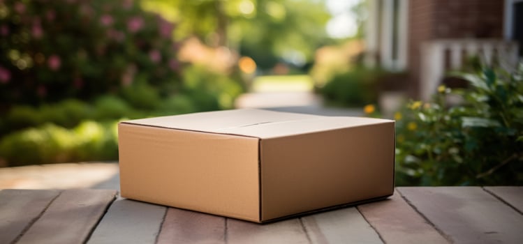 Online Shopping Package Left At Home Entrance. Single Cardboard Box. Close-Up Of Parcel Delivered To Home. photo