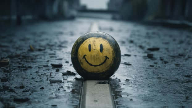 A smiley face painted on a rock sitting in the middle of an empty street, AI photo