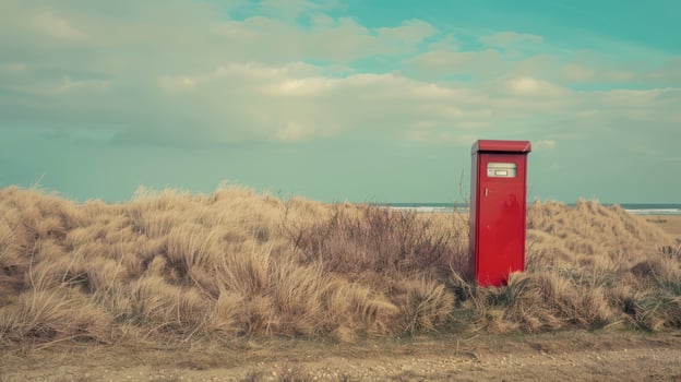 Red Post Box Standing on a Sandy Beach on a Cloudy Day photo