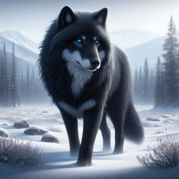 Majestic Black Wolf in Winter Forest photo