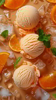 Fruit background with tangerine slices in juice, with ice cream balls, ice cubes and mint leaves. photo