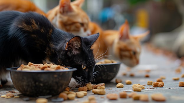Multiple cats feeding from food bowls on floor photo