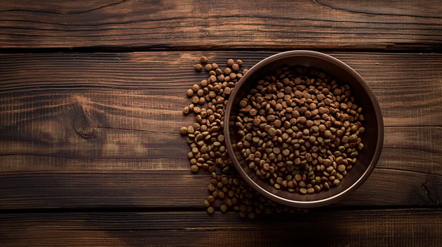 Bowl of dog food on table photo