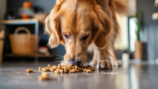 Dog consumes food from bowl on floor photo
