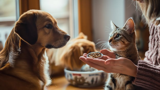 Woman holds food with cat and dog photo