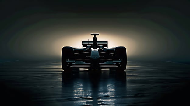 Silhouette of a Formula One car under dramatic lighting. photo