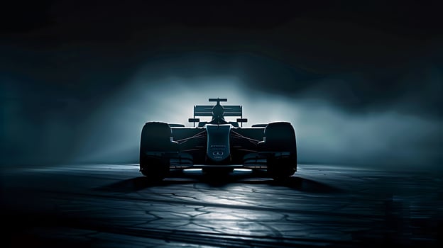 Silhouette of a Formula One car under dramatic lighting. photo