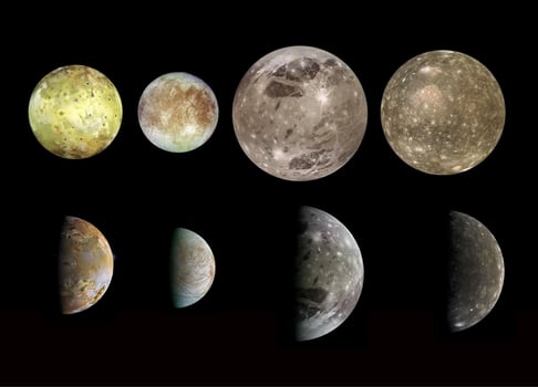 The main moons of Jupiter isolated on black background. Io, Europa, Ganymede, Callisto. Universe science astronomy photo