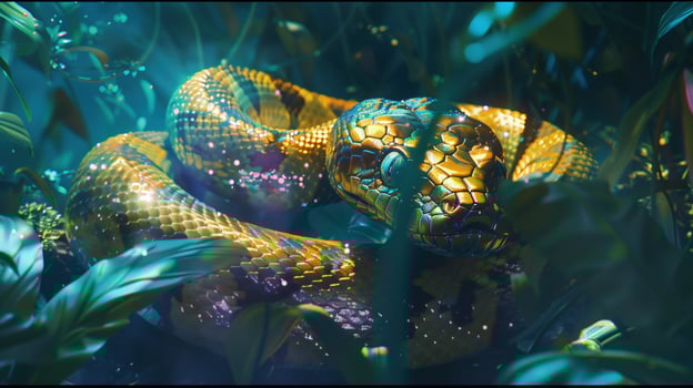Golden snake with shimmering scales rests amidst lush green foliage image. Beautiful venomous reptilian photography scene wallpaper. Animal wildlife concept photorealistic photo