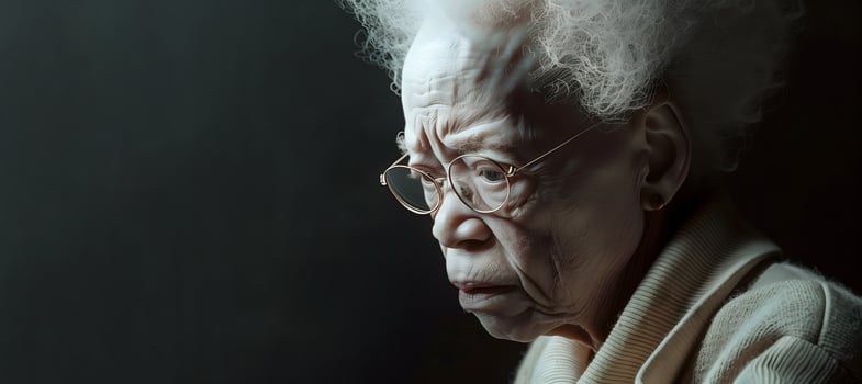 Close-Up Portrait of an Elderly Woman With White Hair Wearing Glasses photo