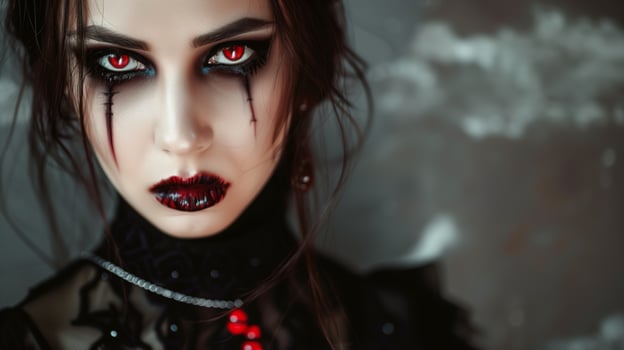 Sexy woman with blood on her face. Close-up portrait of a horrible vampire halloween woman. Halloween bloody makeup photo