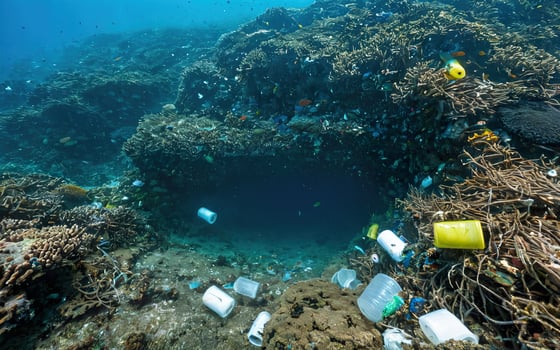 plastic garbage in the ocean in a coral reef, environmental pollution photo