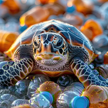 A sea turtle sits atop a heap of plastic bottles in the ocean photo